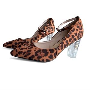 Perphy Women's Leopard pointed toe Ankle Strap & See-Thru Clear chunk Heels, 9